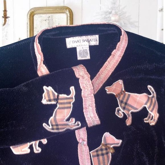 That Sweater Black Cardigan Women Large Pink Puppy Dogs Plaid - Picture 4 of 4